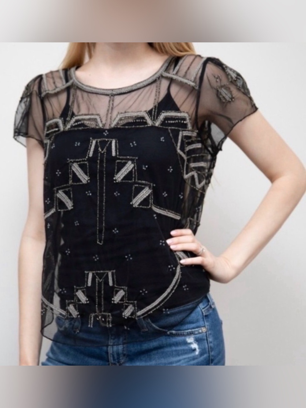 Free People Across Time  Mesh Beadwork Embroidered Embellishments Top Size M
